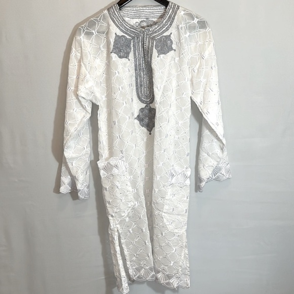 African Mens Clothing Lace Material Embroidered 3 Pcs Agbada Shirt Pants Dashiki - Picture 8 of 16